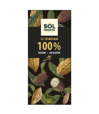 Chocolate Puro 100 Cacao SinGluten Bio Vegan 70g Solnatural