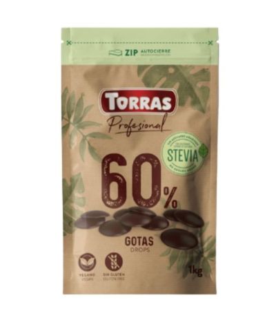 Cobertura de Chocolate Negro 60 Cacao con Stevia Gotas SinGluten Vegan 1kg Torras