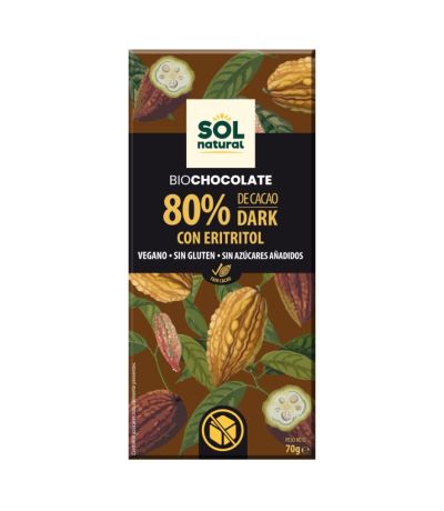 Chocolate 80 Cacao Eritritol Bio Vegan SinGluten 70g Solnatural