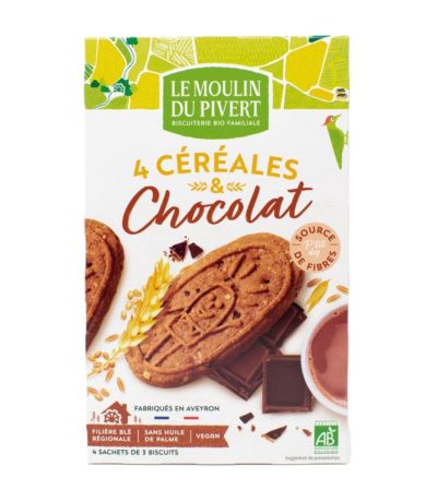 Galletas 4 Cereales y Chocolate Bio Vegan 190g Le Moulin De Pivert