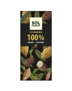 Chocolate Puro 100 Cacao SinGluten Bio Vegan 70g Solnatural